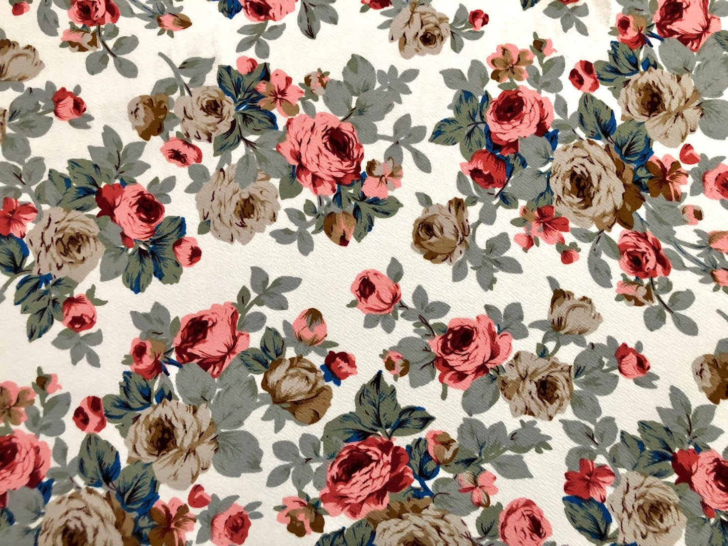 Ivory Red Pink Blue Gray Roses Liverpool Print Fabric
