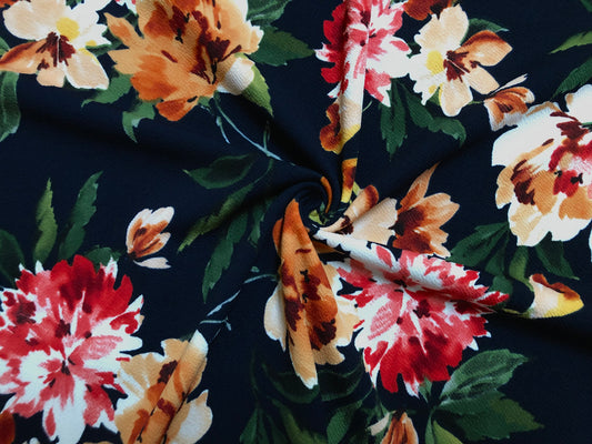 Navy Blue Peach Fuchsia Rust Flowers Liverpool Print Fabric