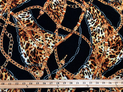 Black Gold and Silver Chains Leopard Liverpool Print Fabric