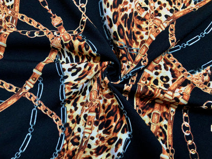 Black Gold and Silver Chains Leopard Liverpool Print Fabric