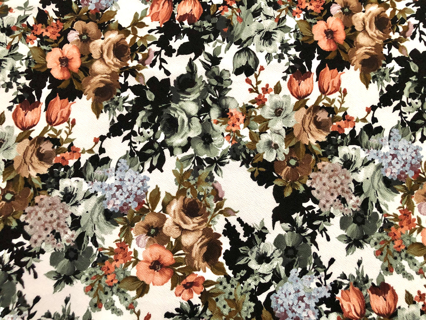 Liverpool Knit Printed Fabric-Ivory Black Brown Rust Flowers-LVPR007-Sold by the Yard-Apparel Fabric