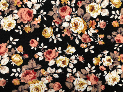 Bullet Knit Printed Fabric-Black White Mauve Yellow Roses-BPR255-Sold by the Yard