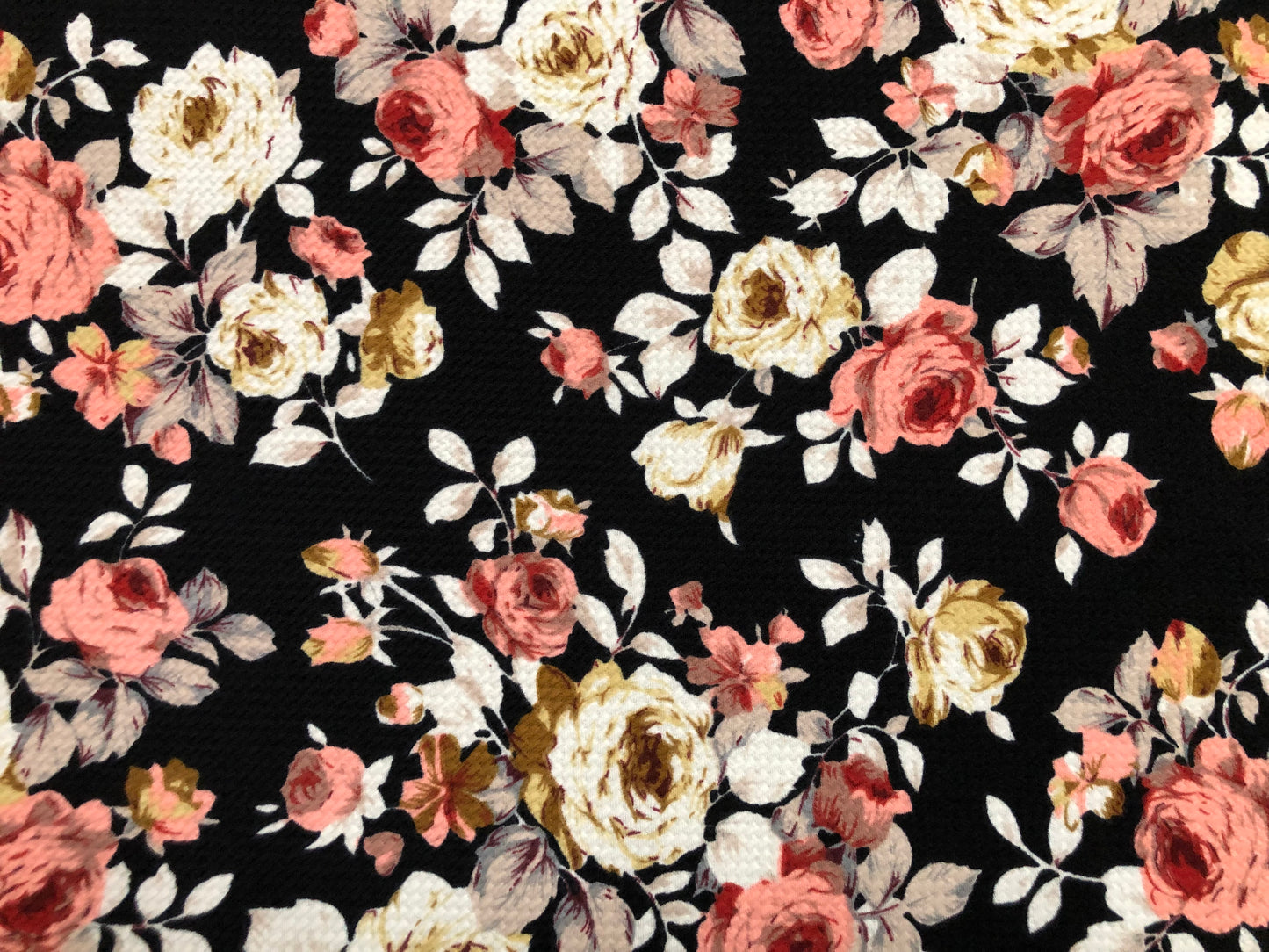 Bullet Knit Printed Fabric-Black White Mauve Roses-BPr256-Sold by the Yard