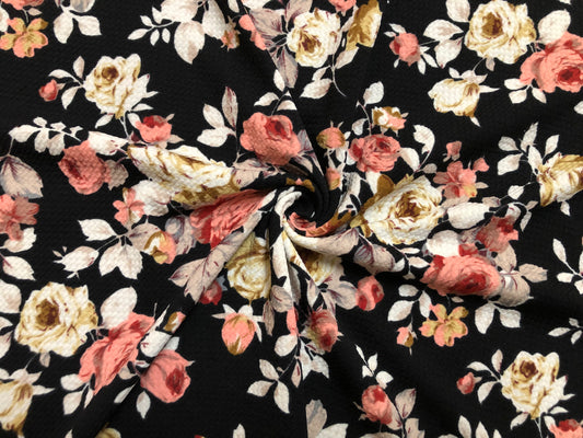 Bullet Knit Printed Fabric-Black White Mauve Roses-BPr256-Sold by the Yard