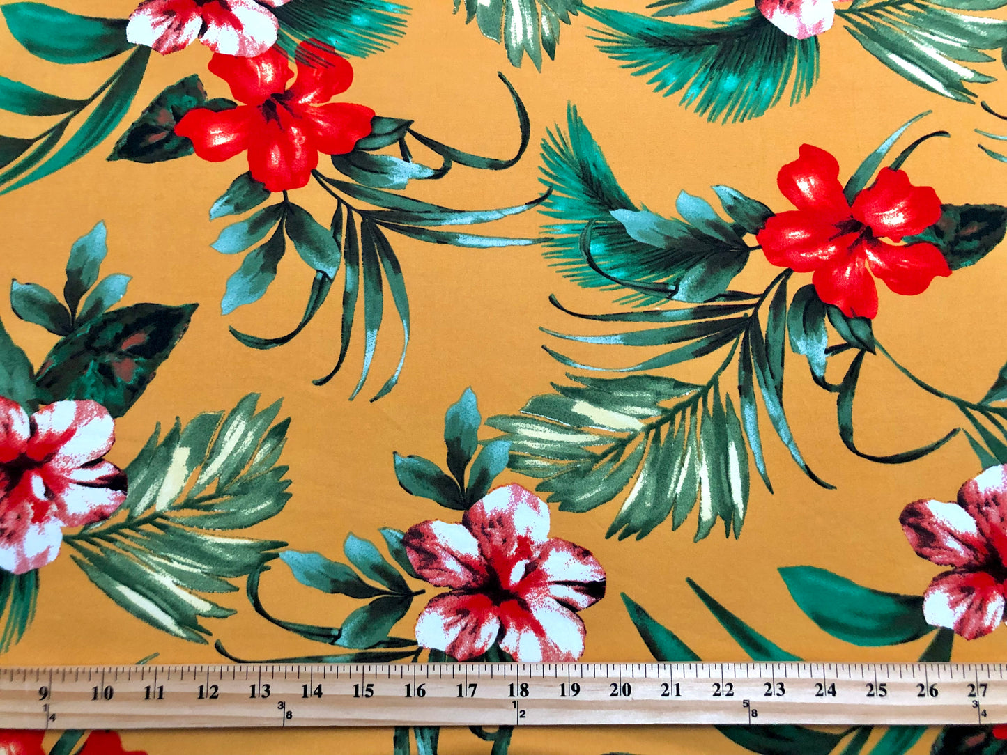 Mango Orange Red Green Palms DTY Double Brushed Jersey Print Fabric