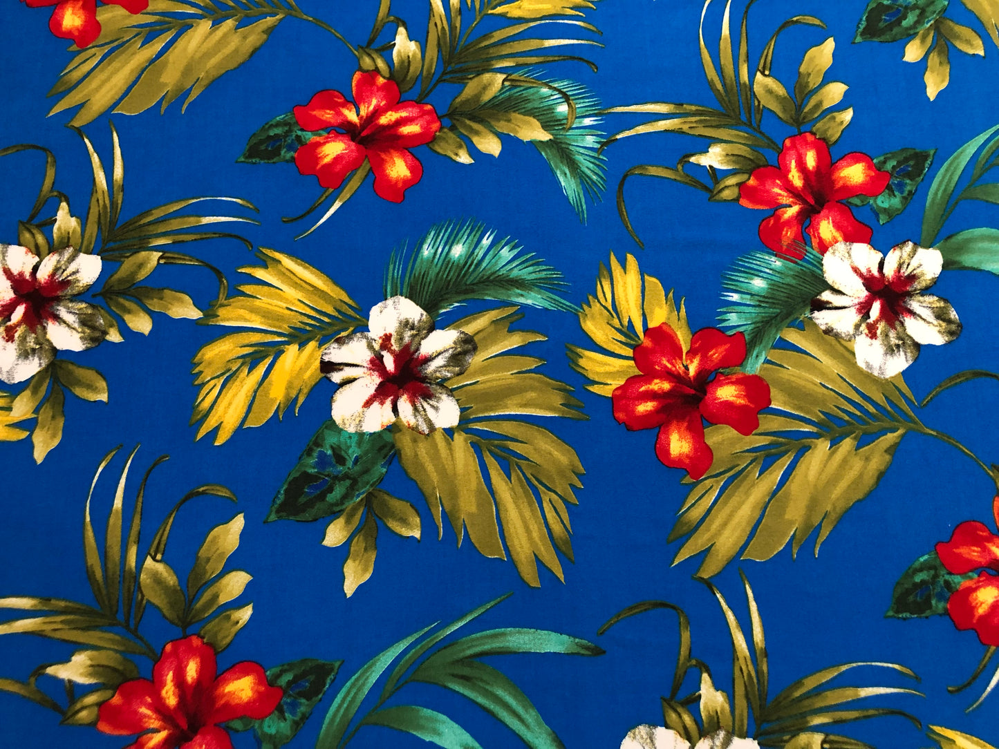 Royal Blue White Olive Palms DTY Double Brushed Jersey Print Fabric