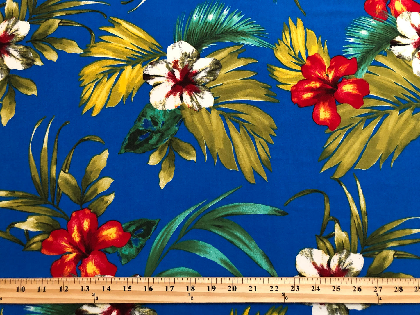 Royal Blue White Olive Palms DTY Double Brushed Jersey Print Fabric