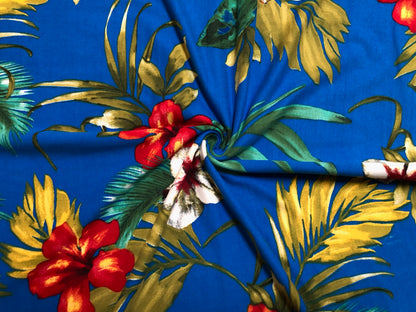 Royal Blue White Olive Palms DTY Double Brushed Jersey Print Fabric