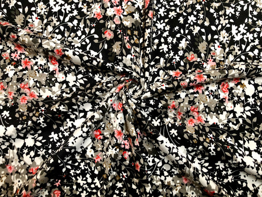 Black Ivory Gray Pink Flowers DTY Double Brushed Jersey Print Fabric