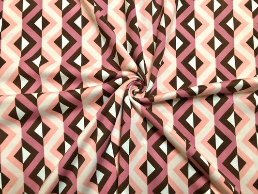 Dark Brown Mauve Pink Ivory Zig Zag Pattern DTY Double Brushed Jersey Print Fabric