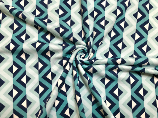 Green Navy Blue Mint Ivory Zig Zag Pattern DTY Double Brushed Jersey Print Fabric