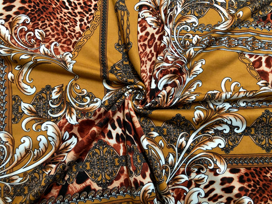 Brown Gold Arabic Mosaics and Leopard DTY Double Brushed Jersey Print Fabric