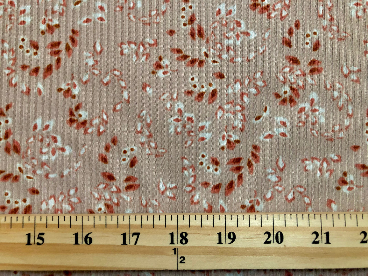 Beige Maroon Ivory Falling Leaves Poly Rayon Spandex Rib 2X2 Fabric