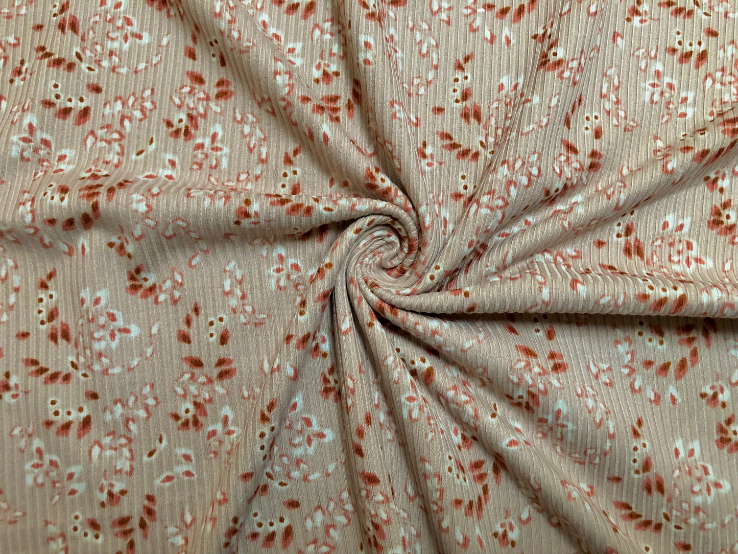 Beige Maroon Ivory Falling Leaves Poly Rayon Spandex Rib 2X2 Fabric