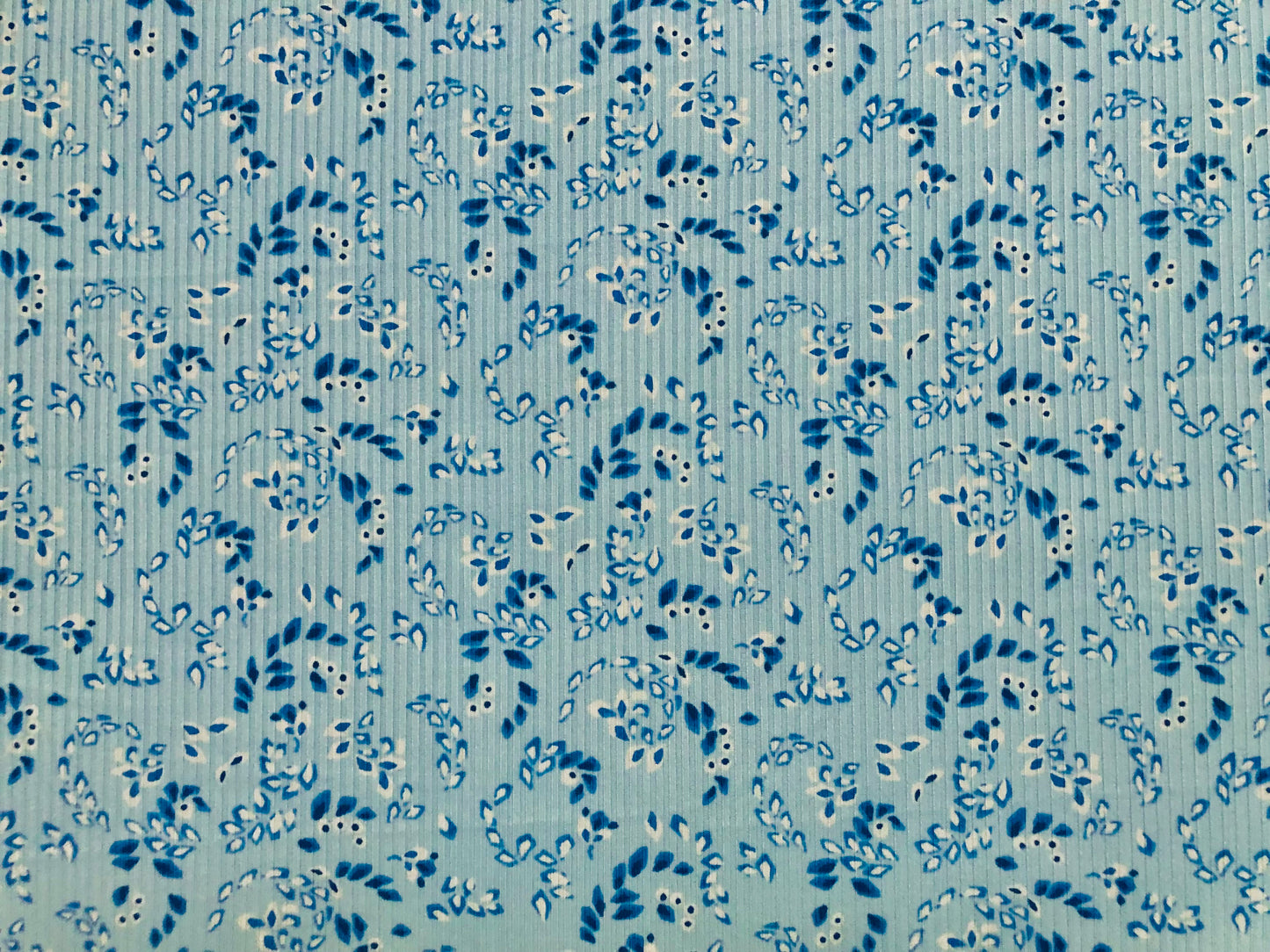 Blue Navy Blue Ivory Falling Leaves Poly Rayon Spandex Rib 2X2 Fabric