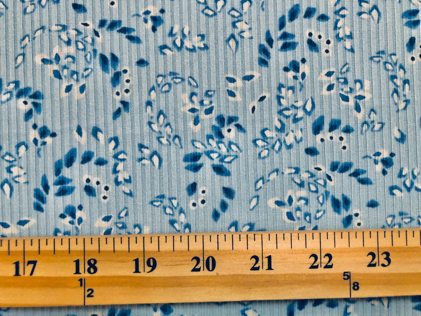 Blue Navy Blue Ivory Falling Leaves Poly Rayon Spandex Rib 2X2 Fabric