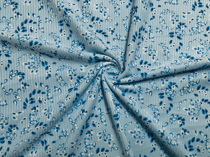 Blue Navy Blue Ivory Falling Leaves Poly Rayon Spandex Rib 2X2 Fabric