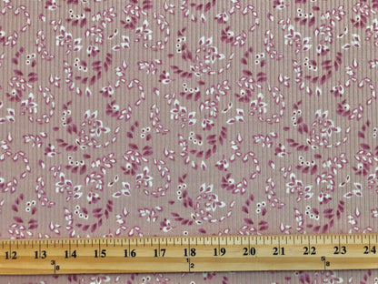 Mauve Magenta Ivory Falling Leaves Poly Rayon Spandex Rib 2X2 Fabric