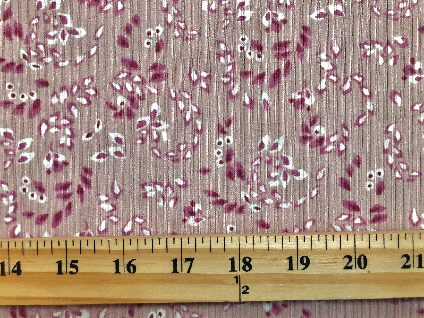 Mauve Magenta Ivory Falling Leaves Poly Rayon Spandex Rib 2X2 Fabric