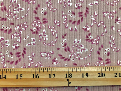 Mauve Magenta Ivory Falling Leaves Poly Rayon Spandex Rib 2X2 Fabric