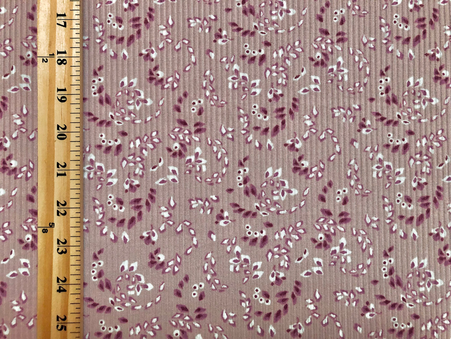 Mauve Magenta Ivory Falling Leaves Poly Rayon Spandex Rib 2X2 Fabric