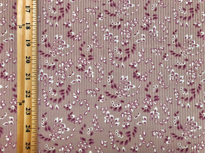 Mauve Magenta Ivory Falling Leaves Poly Rayon Spandex Rib 2X2 Fabric