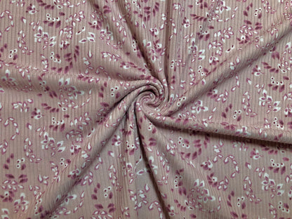 Mauve Magenta Ivory Falling Leaves Poly Rayon Spandex Rib 2X2 Fabric