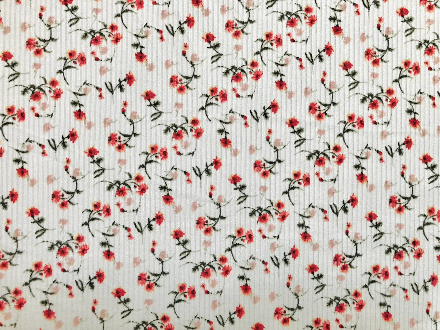 Ivory Red Pink 7/8" Flowers Poly Rayon Spandex Rib 2X2 Fabric