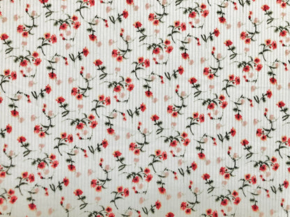 Ivory Red Pink 7/8" Flowers Poly Rayon Spandex Rib 2X2 Fabric