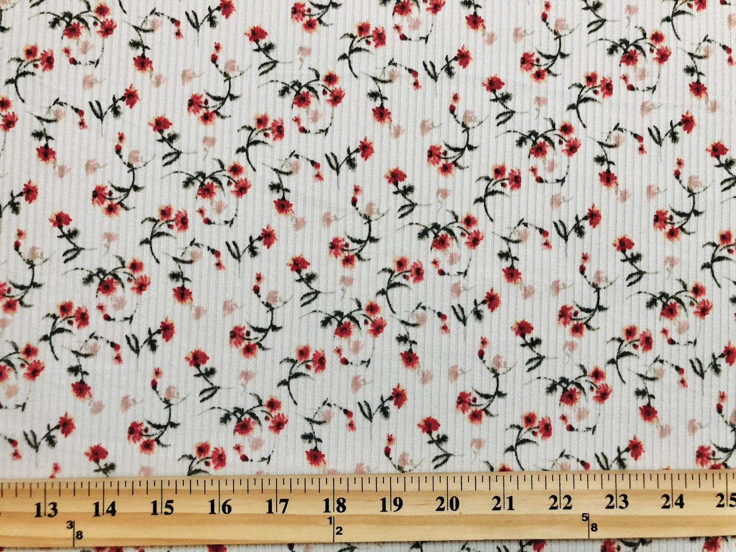 Ivory Red Pink 7/8" Flowers Poly Rayon Spandex Rib 2X2 Fabric