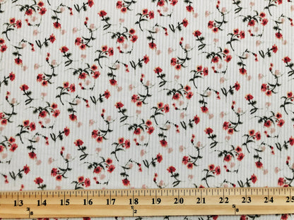 Ivory Red Pink 7/8" Flowers Poly Rayon Spandex Rib 2X2 Fabric