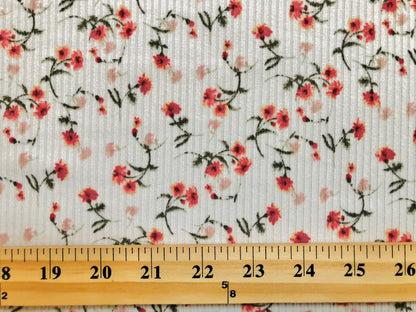 Ivory Red Pink 7/8" Flowers Poly Rayon Spandex Rib 2X2 Fabric