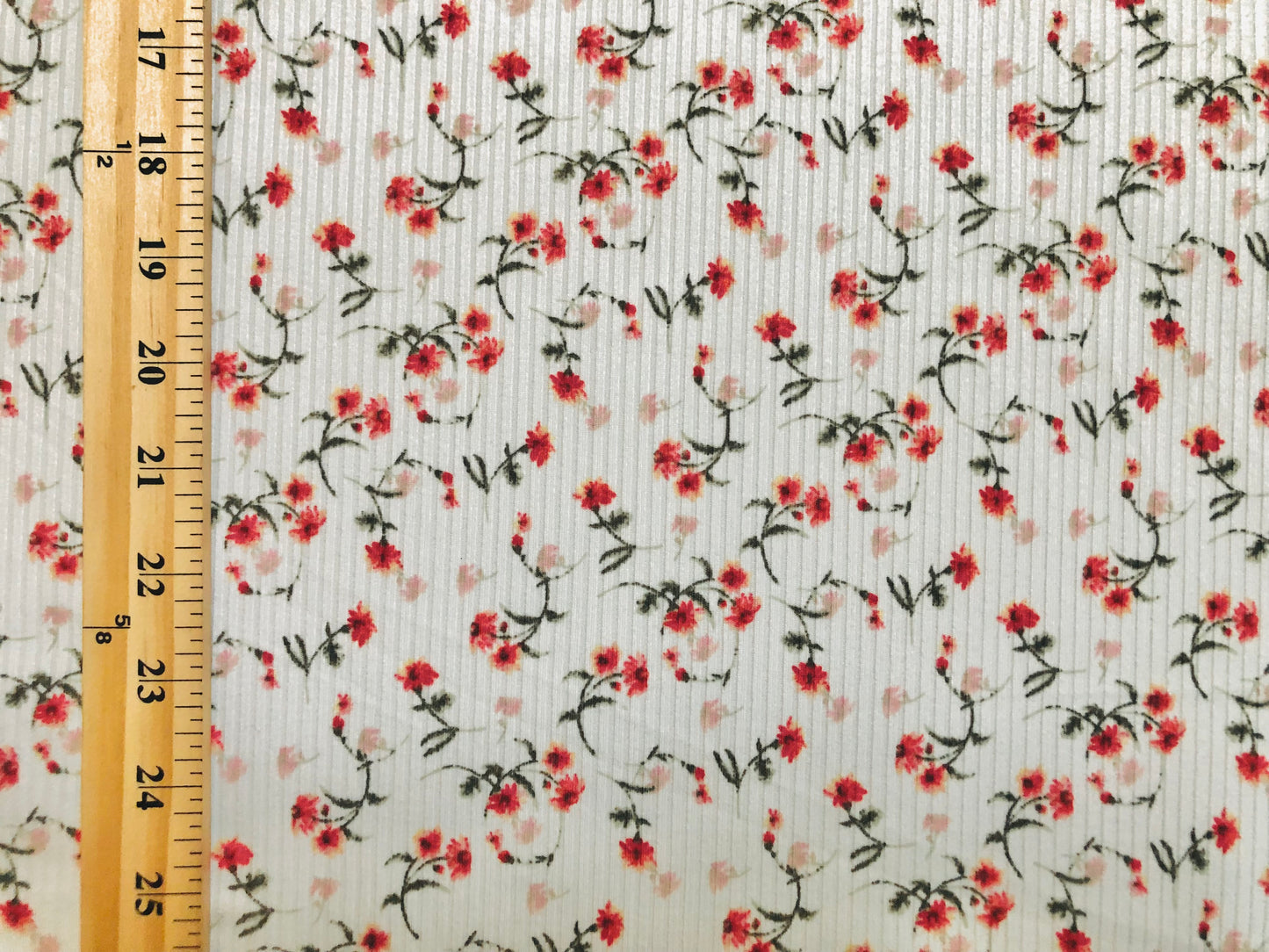 Ivory Red Pink 7/8" Flowers Poly Rayon Spandex Rib 2X2 Fabric