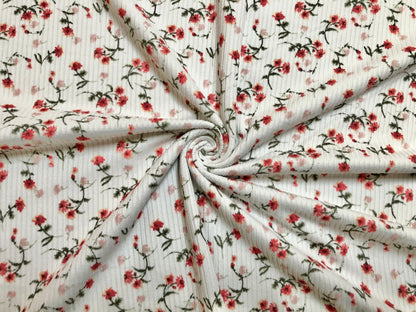 Ivory Red Pink 7/8" Flowers Poly Rayon Spandex Rib 2X2 Fabric