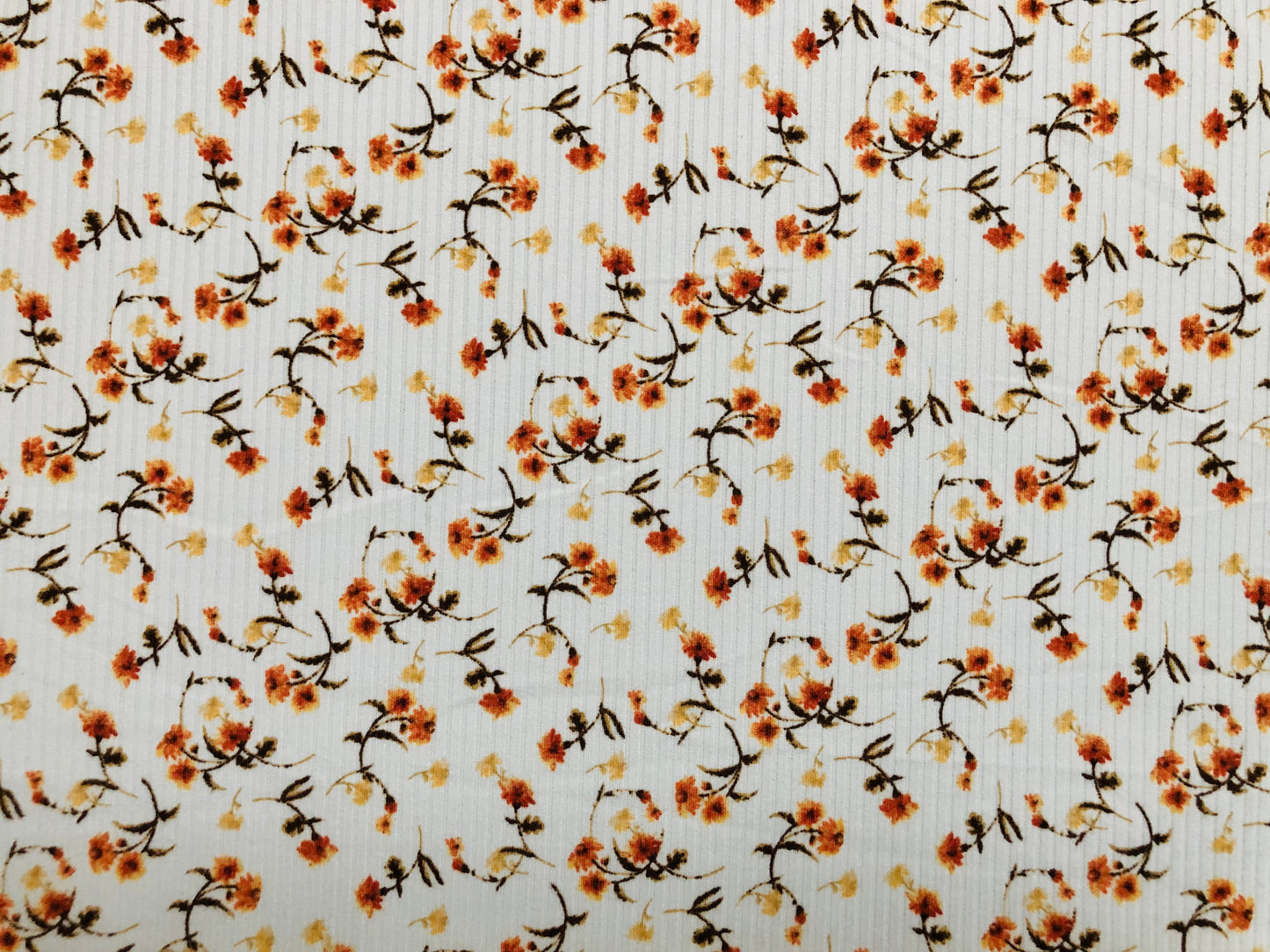 Ivory Orange Yellow 7/8" Flowers Poly Rayon Spandex Rib 2X2 Fabric