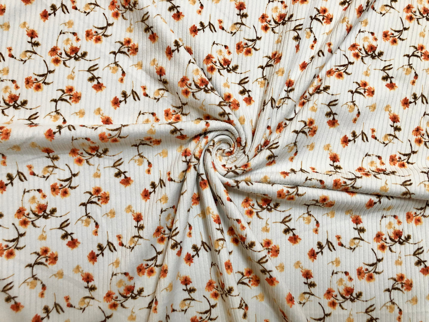 Ivory Orange Yellow 7/8" Flowers Poly Rayon Spandex Rib 2X2 Fabric