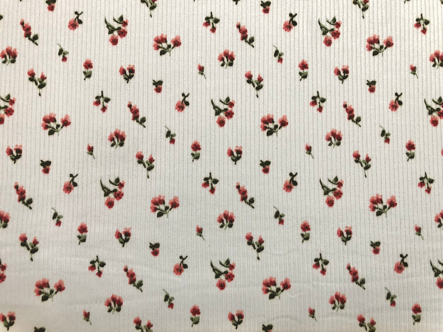 Ivory Red Pink 1/4" Roses Poly Rayon Spandex Rib 2X2 Fabric