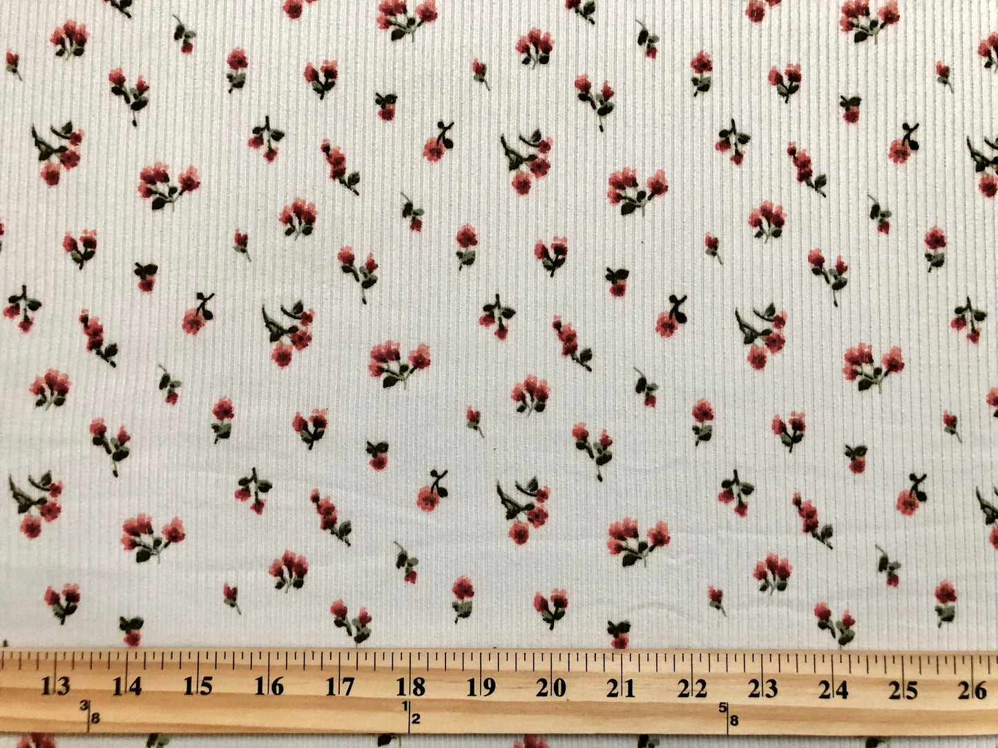 Ivory Red Pink 1/4" Roses Poly Rayon Spandex Rib 2X2 Fabric