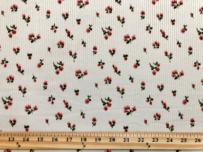 Ivory Red Pink 1/4" Roses Poly Rayon Spandex Rib 2X2 Fabric