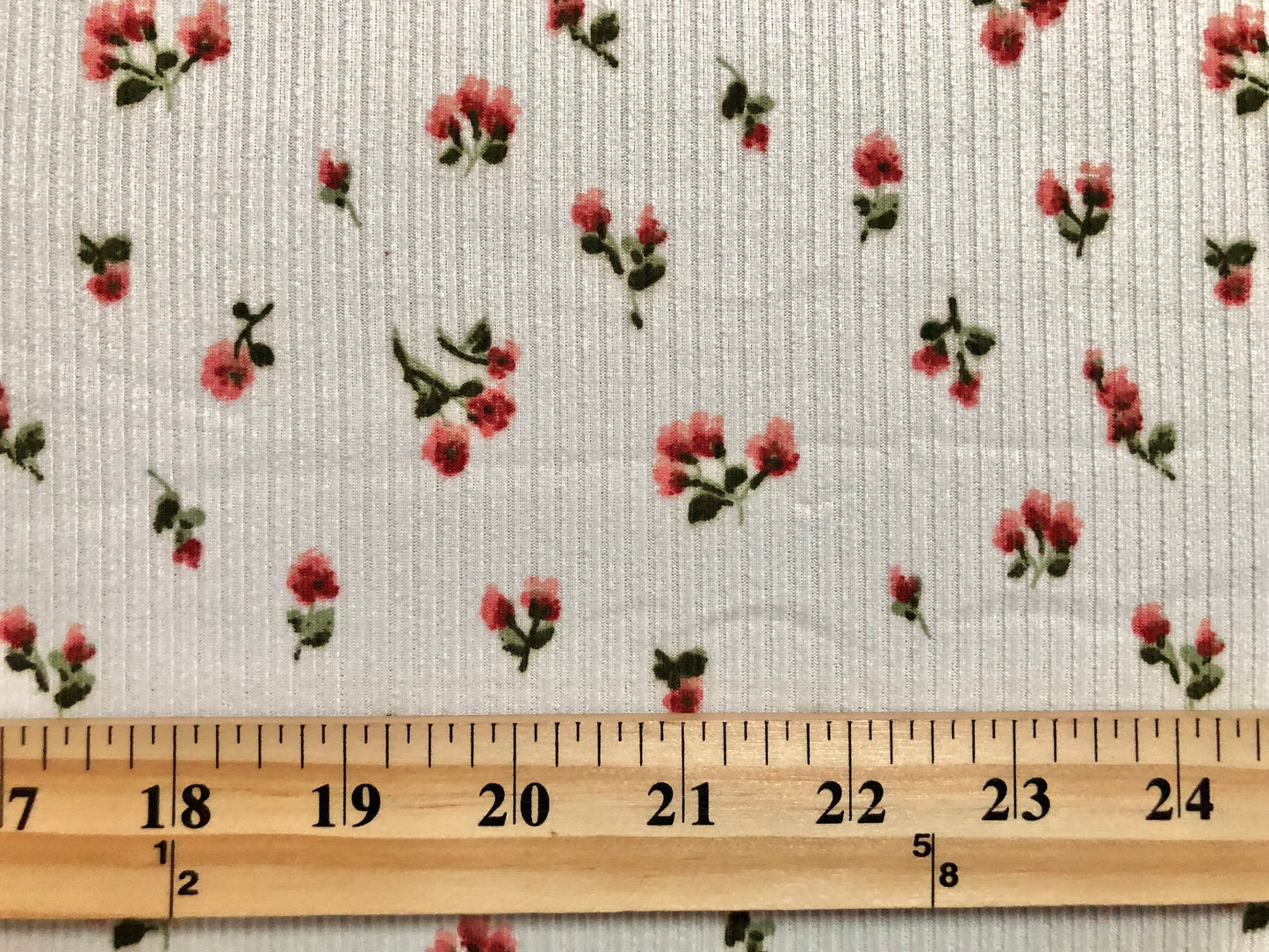 Ivory Red Pink 1/4" Roses Poly Rayon Spandex Rib 2X2 Fabric