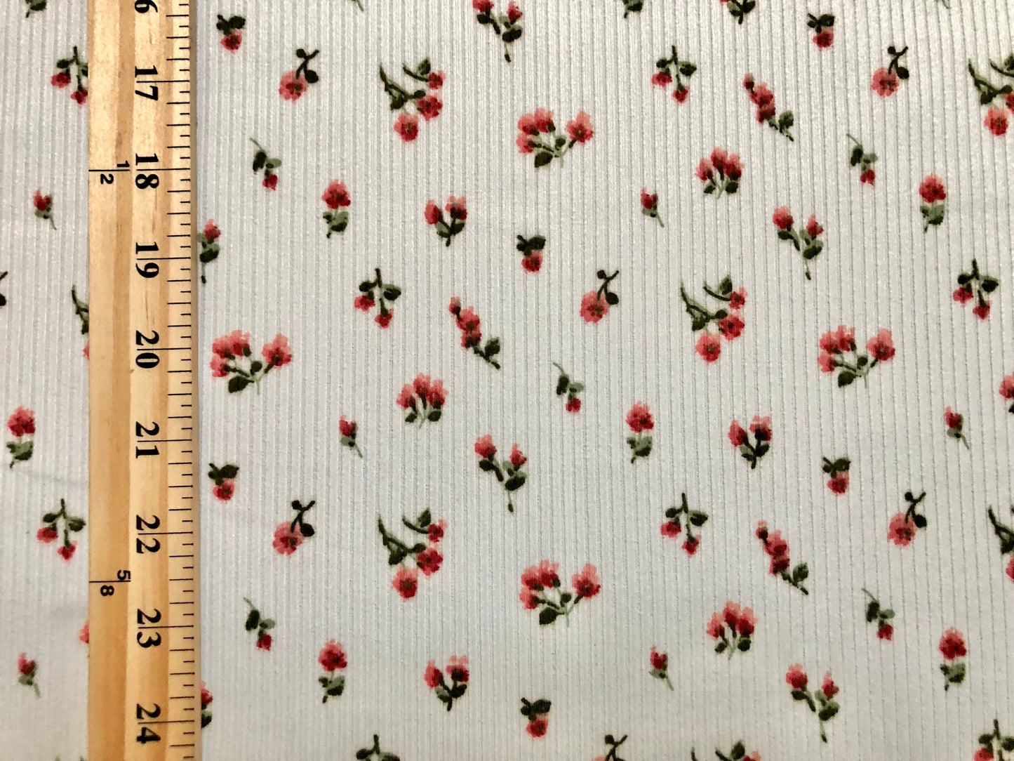 Ivory Red Pink 1/4" Roses Poly Rayon Spandex Rib 2X2 Fabric