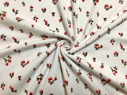 Ivory Red Pink 1/4" Roses Poly Rayon Spandex Rib 2X2 Fabric