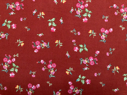 Rust Magenta Yellow Green Flowers Poly Rayon Spandex Rib 2X2 Fabric