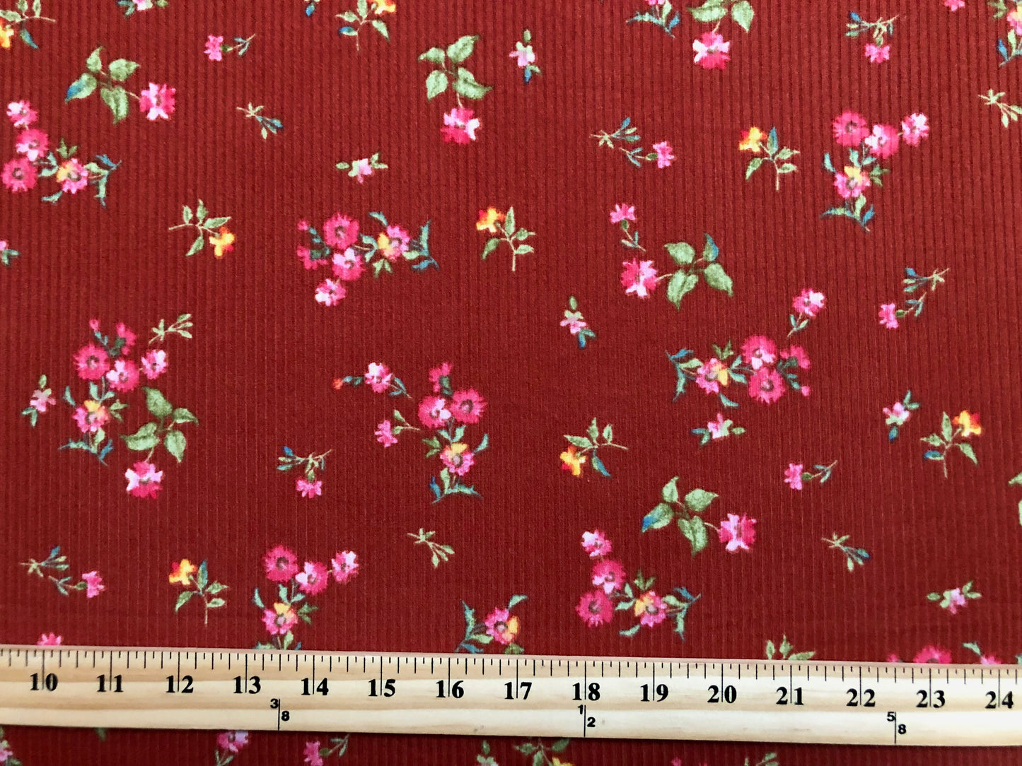 Rust Magenta Yellow Green Flowers Poly Rayon Spandex Rib 2X2 Fabric