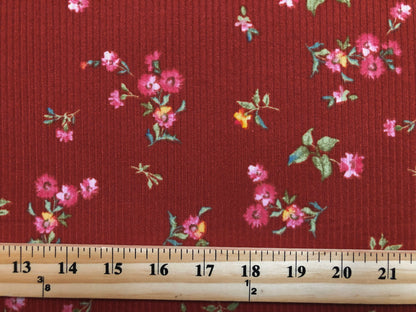 Rust Magenta Yellow Green Flowers Poly Rayon Spandex Rib 2X2 Fabric