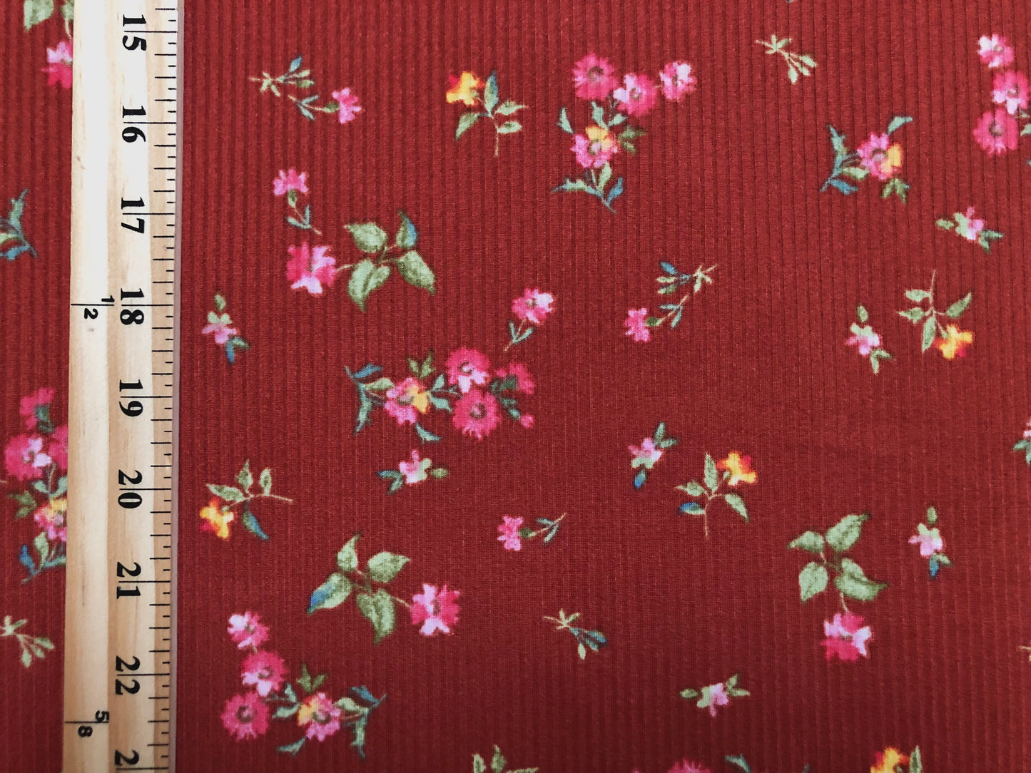 Rust Magenta Yellow Green Flowers Poly Rayon Spandex Rib 2X2 Fabric