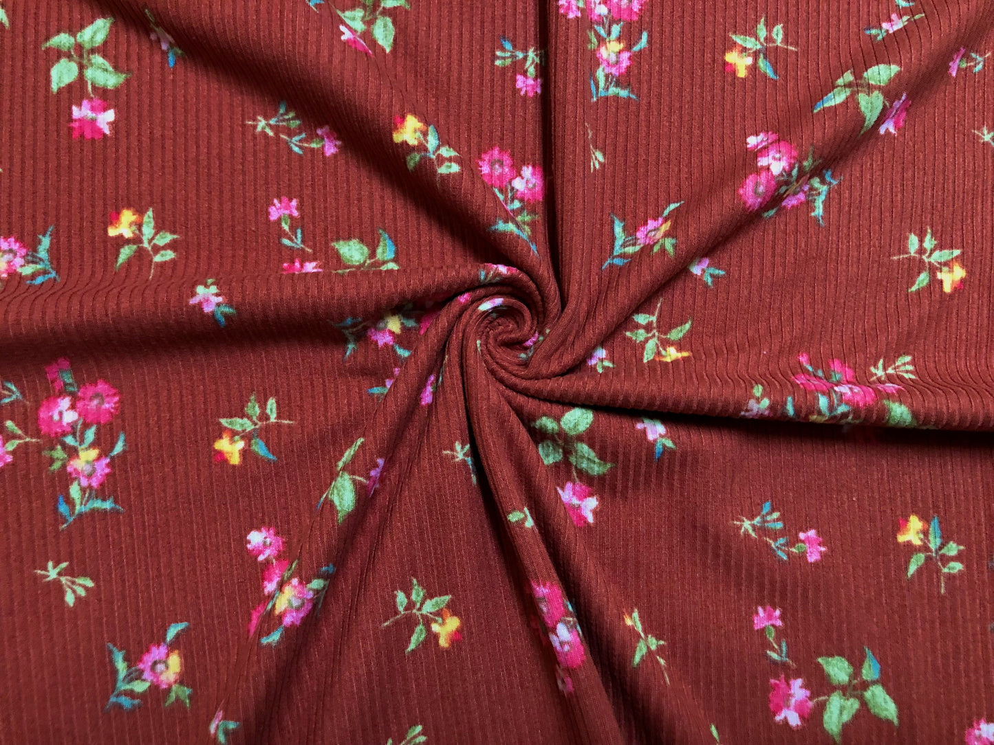 Rust Magenta Yellow Green Flowers Poly Rayon Spandex Rib 2X2 Fabric