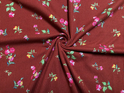 Rust Magenta Yellow Green Flowers Poly Rayon Spandex Rib 2X2 Fabric