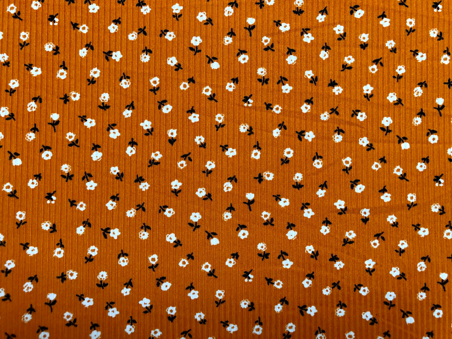 Pumpkin Ivory Black 1/4" Flowers Poly Rayon Spandex Rib 2X2 Fabric