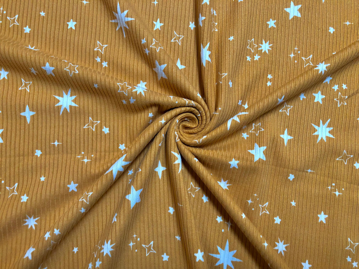 Mustard White Stars Poly Rayon Spandex Rib 2X2 Fabric